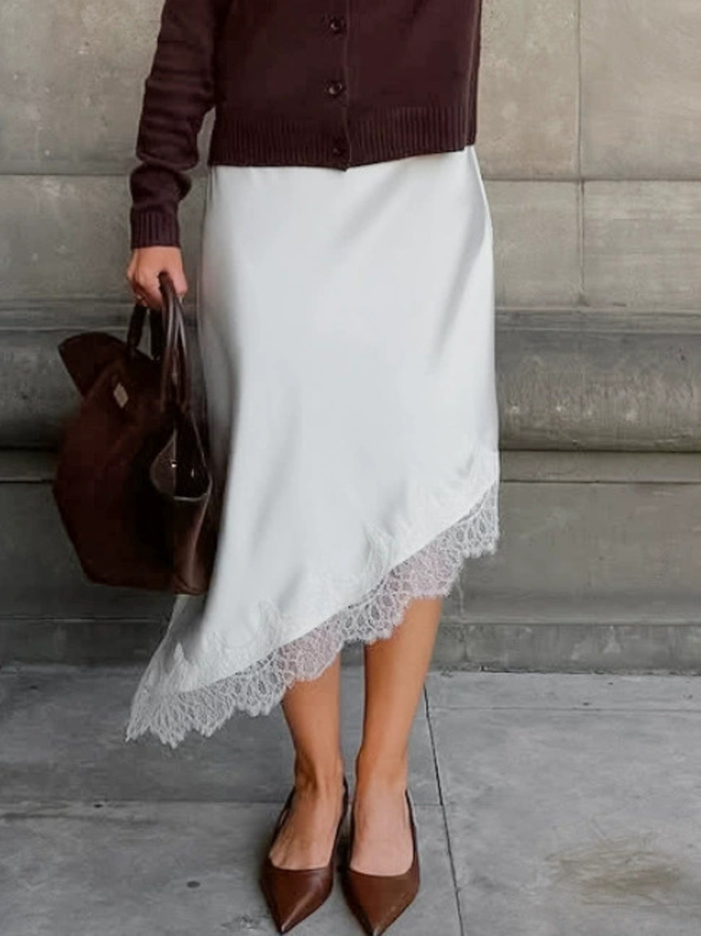 Forever 21 White Irregular Lace Spliced Satin Faux Silk Midi Skirt